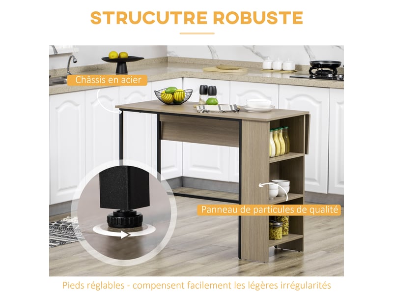  Ilot centra table de bar plateau latéral  rabattable et 3 étagères gris clair 120 x 76 x 91,4 cm  - Conforama R