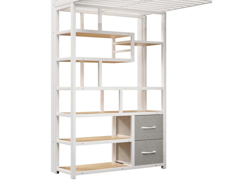  Lit mezzanine 90x200 cm, marches avec rangements et 2 tiroirs, led, en métal, blanc, sans matelas  - Conforama E