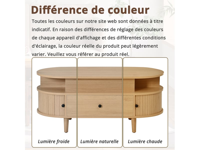 Table basse relevable avec tiroir, 2 portes coulissantes et 2 niches, pour salon, mdf naturel, 105 × 50 × 60,5 cm - Conforama E