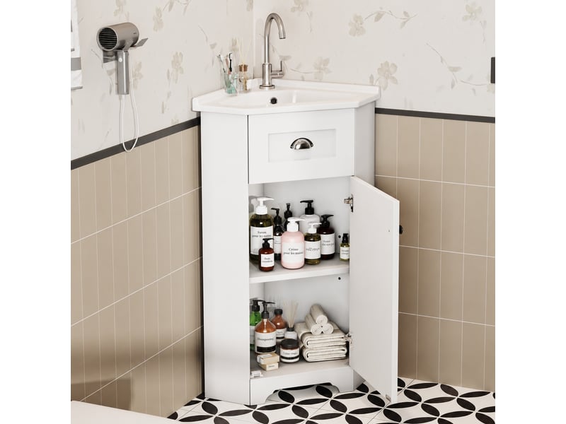  Meuble vasque blanc compact pour petite salle de bains avec vasque en céramique  - Conforama B