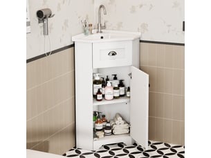 Meuble vasque blanc compact pour petite salle de bains avec vasque en céramique