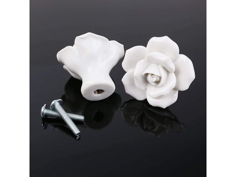  Jeu de 8 boutons de porte en céramique blanche brillante, poignées décoratives à motif floral pour cuisine et salle de bain  - Conforama E