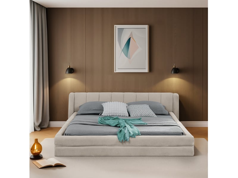  Lit 140 x 200 cm, tête de lit ergonomique en tissu chenille, structure renforcée, style minimaliste, beige, sans matelas  - Conforama W