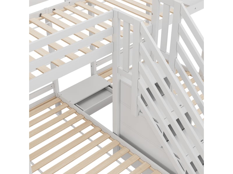 Lit mezzanine 90 x 200cm, 3 couchages, avec tiroirs, barrière de sécurité, certifié en 747, sans matelas, blanc - Conforama E