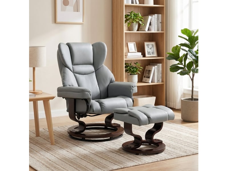  Fauteuil relax pivotant avec repose-pieds, dossier inclinable jusqu’à 145 degrés, gris clair  - Conforama E