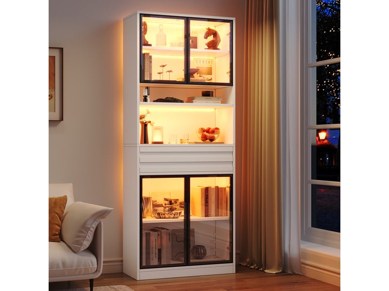  Vitrine avec 4 portes vitrées, d'un tiroir et d'un éclairage led rvb contrôlable via une application ,80 x 35 x 200 cm, blanc  - Conforama D