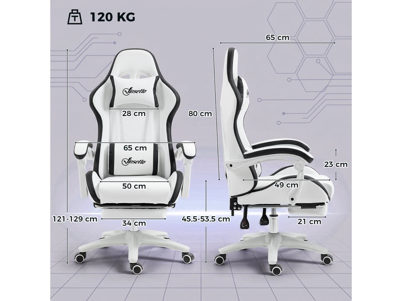 Fauteuil de jeu en similicuir, réglable en hauteur, inclinable à 135°, avec appui-tête et repose-pieds, 65 x 65 x 121-129 cm, blanc - Conforama E