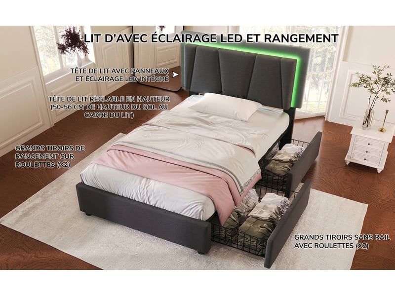  Lit simple 90x200 avec led et 2 tiroirs, tête de lit réglable en hauteur, cadre en bois, gris  - Conforama D