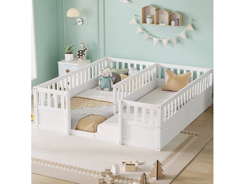  Lit au sol double pour enfant 2x90x200 cm blanc avec barrières de protection  - Conforama B