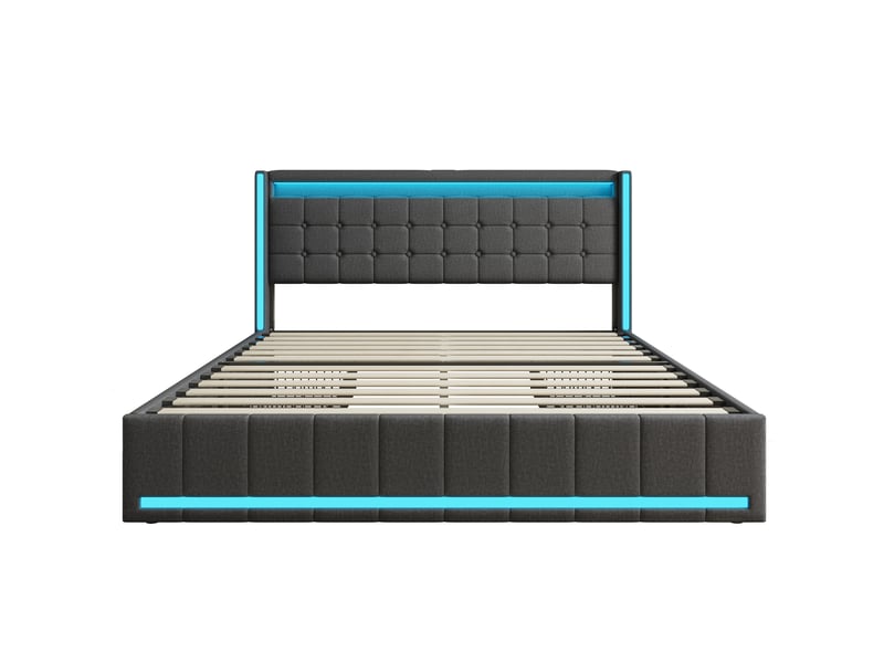 Lit double 140x200 cm, cadre de lit, 4 tiroirs, led, lin gris foncé, port usb - Conforama A