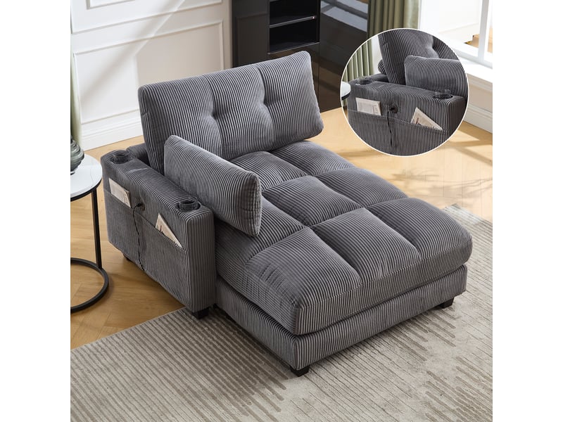  Canapé en velours côtelé gris avec porte-gobelets, poche latérale et tiroir intégré, 140x112x81 cm  - Conforama D