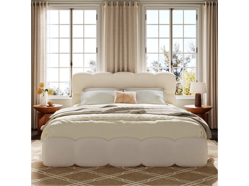  Lit coffre 180 × 200 cm en bouclé blanc avec tête de lit capitonnée Fay Lum - Conforama E