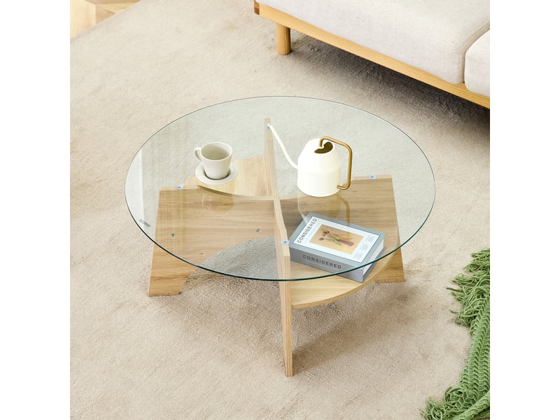 Table basse rond 80×80×36 cm, mdf et verre, bois et transparent Fay Lum - Conforama E