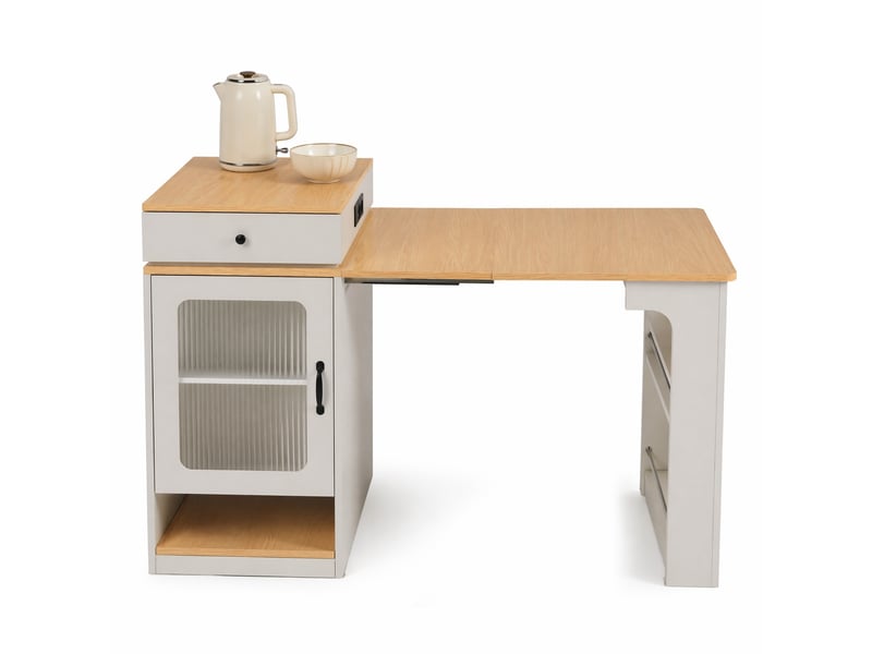 Table à manger extensible avec rangements et prises intégrées, blanche et effet bois naturel, 80 × 71111151 × 92 cm - Conforama A