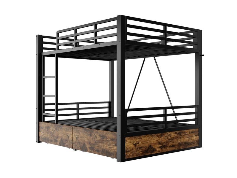  Lit superposé 4 places 140×200 cm, tiroirs et échelle - okmyhome- noir, sans matelas, métal et bois  - Conforama E