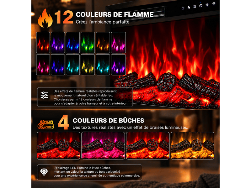  Homavo 23t‑5 : cheminée électrique 23 pouces avec meuble et bande led. Chauffage 10002000 w à 2 niveaux, 7 couleurs de flamme, 5 réglages de luminosité et vitesse, minuterie 1‑8 h, télécommande et commande tactile, 42 effets led…  - Conforama D