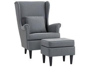 Fauteuil à oreilles avec repose-pieds, fauteuil rembourré avec pieds en bois d'hévéa, revêtement en tissu, gris