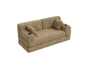 Canapé 2 places, avec couchage d'appoint, avec porte-gobelets, en velours côtelé, coloris kaki, l168 x p80 x h81 cm, gain de place