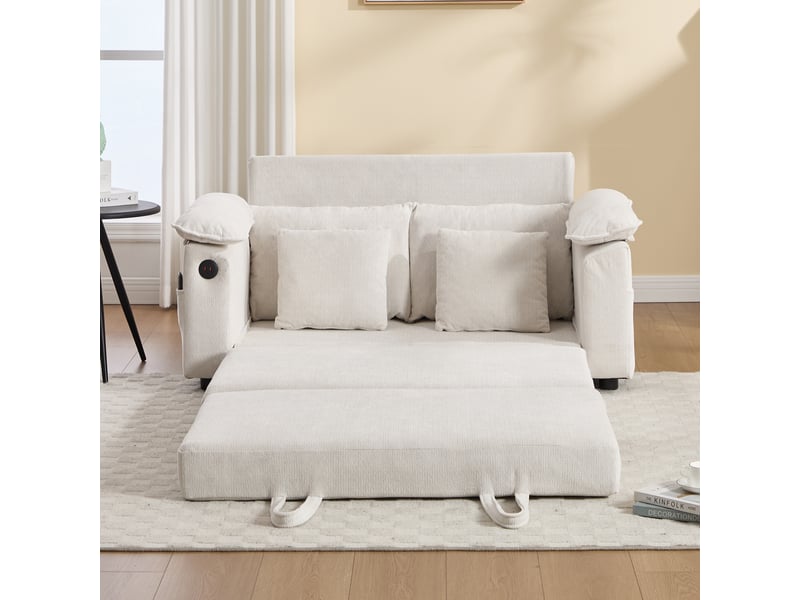 Lit canapé convertible 3 en 1 - 148x199 cm blanc - futon loveseat pliable avec poches latérales pour salon moderne et chambre - Conforama E