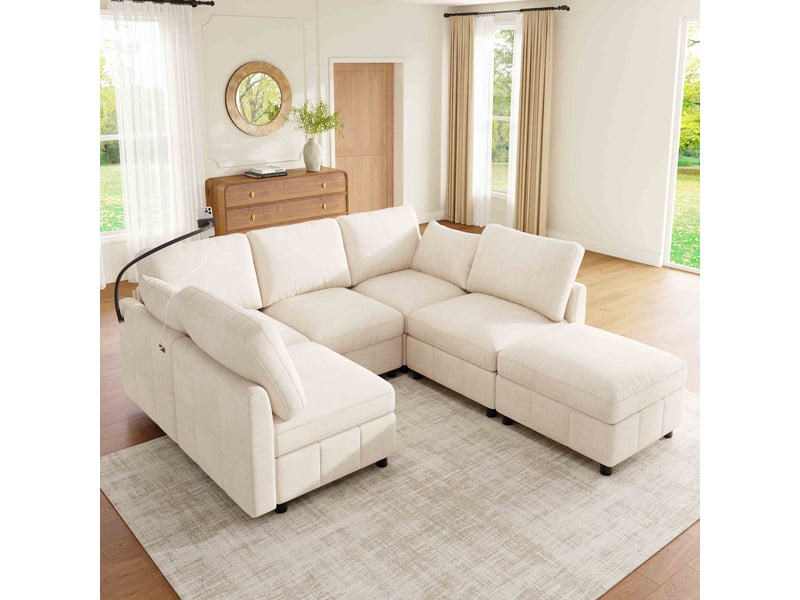  Canapé d'angle modulable 6 places 218x157x85 cm en chenille avec pouf, convertible, usb type-c, support téléphone ul pour salon - beige  - Conforama E