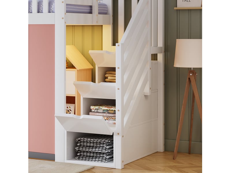  Lit mezzanine 90x200 cm, escalier de rangement et espace de jeu led, en bois, blanc et rose, sans matelas  - Conforama E