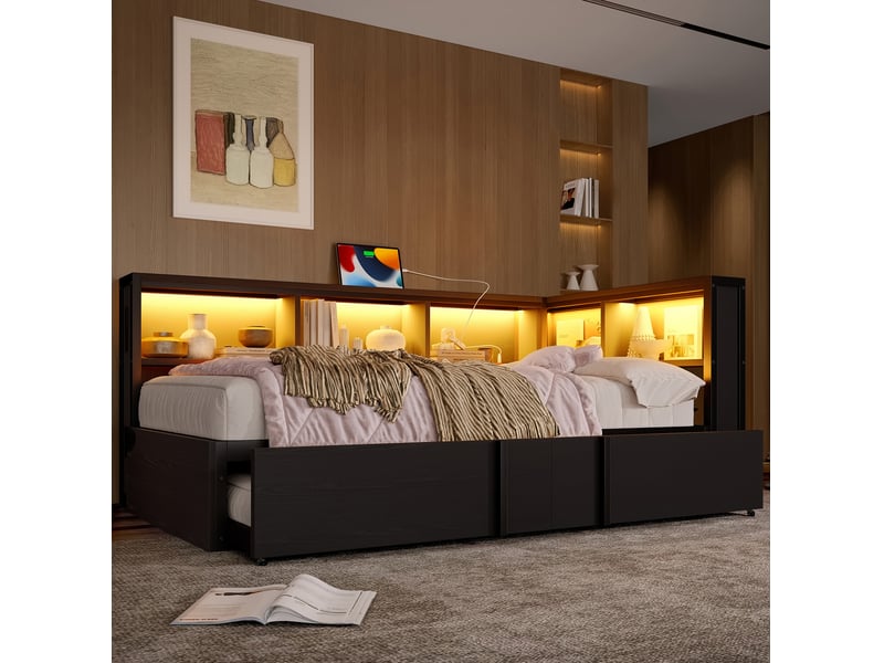  Modenvie lit banquette gigogne 90x200 cm - avec rangements, led et ports usb - pour petit espace - noir  - Conforama D
