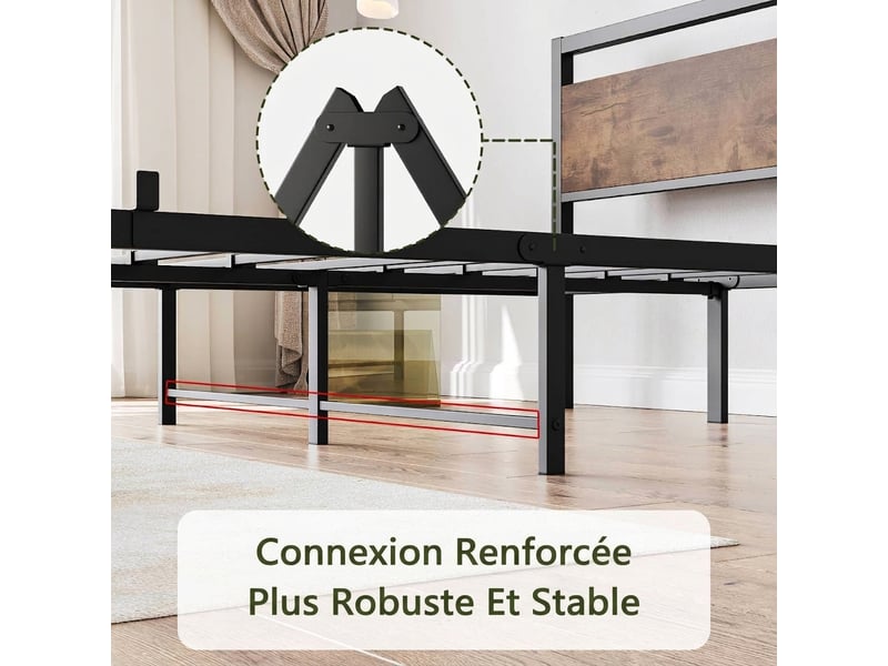  Cadre de lit 120x200 cm en métal et bois avec sommier à lattes - rangement sous lit 27 cm charge 400 kg  - Conforama E
