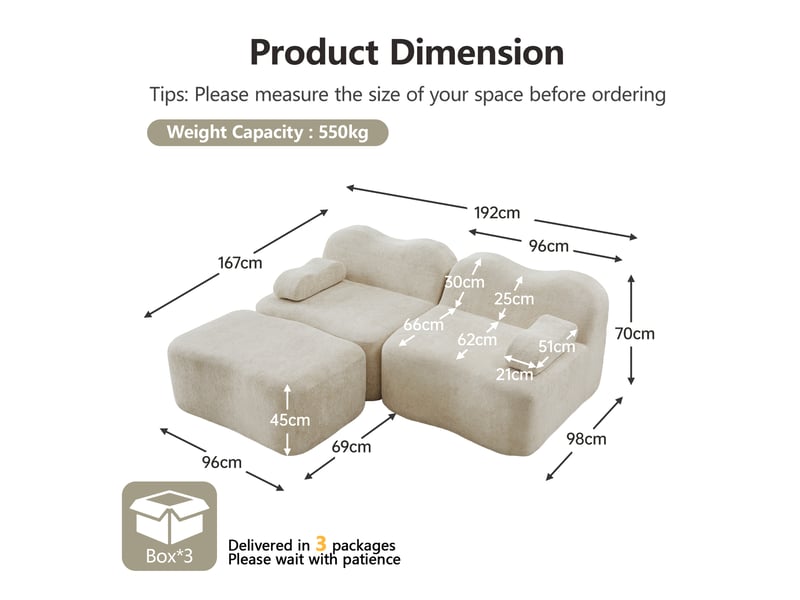  Canapé d'angle modulaire 2 à 4 places avec assise profonde, pouf et accoudoirs ergonomiques, en velours beige  - Conforama E