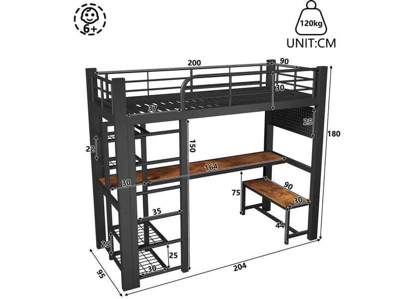  Lit mezzanine multifonctionnel 90×200 cm sans matelas, structure métal, bureau, led, échelle avec coffre, noir  - Conforama B