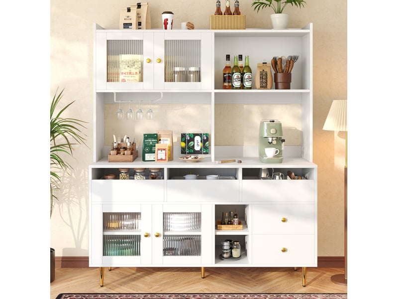 Buffet haut 145 x 39 x 171 cm en mdf, portes en verre strié, blanc et doré - Conforama B