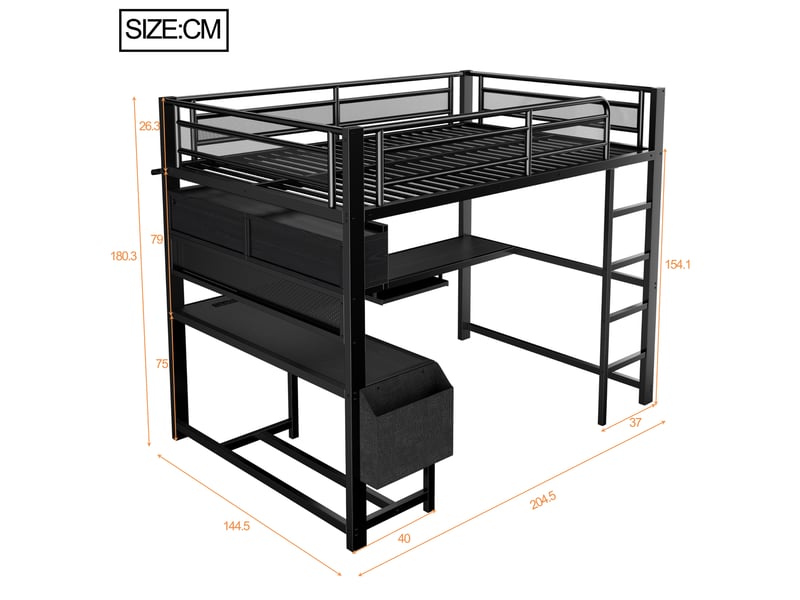  Lit mezzanine gaming 140x200 avec bureau, rangements, led et charge, noir  - Conforama B