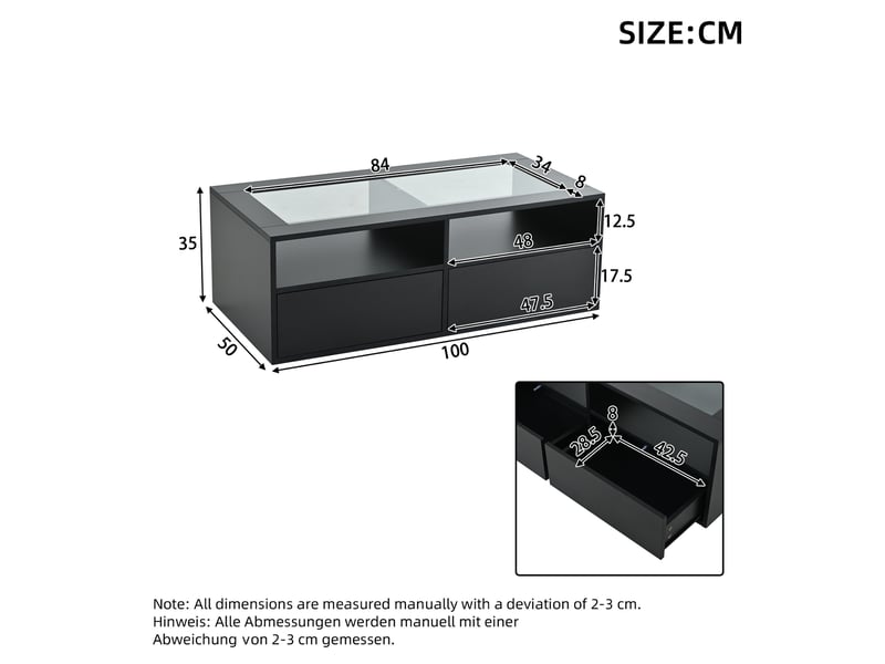  Table basse avec 2 tiroirs, 2 niches ouvertes, led et plateau en verre trempé pour salon, noir, 100 × 50 × 35 cm  - Conforama D