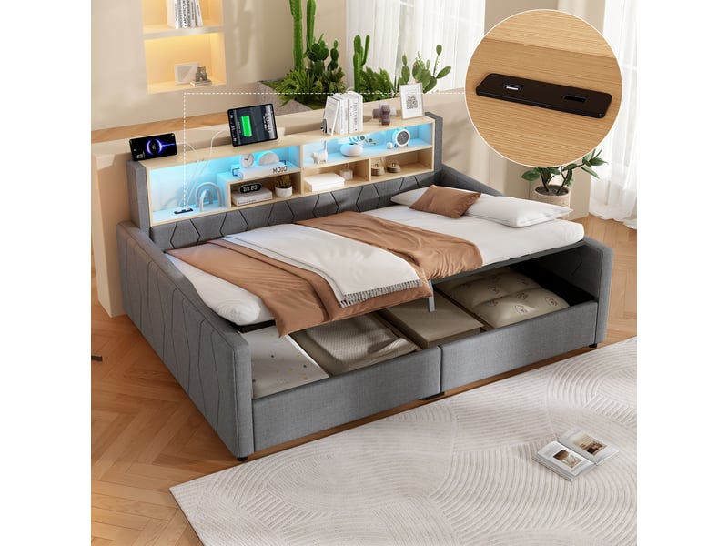 Lit coffre hydraulique 140x200 cm avec led, usb-a et usb-c, tissu lin gris, structure mdf, sans matelas - Conforama R