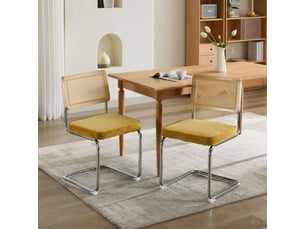 Chaises salle à manger mid-century – lot de 2, velours doré, dossier canné naturel, base acier chromé, breuer, de1851gl