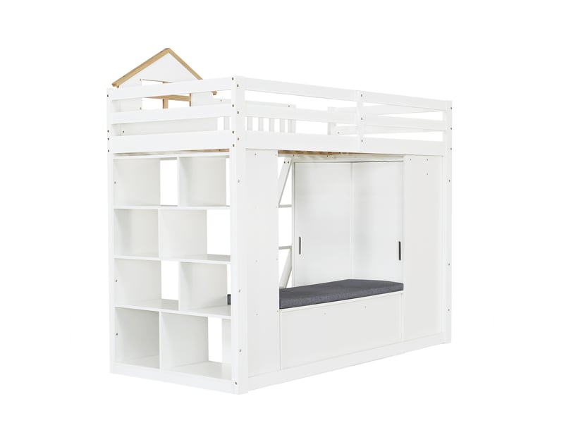 Lit mezzanine 90x200 cm blanc et bois avec armoire, étagères et banc coffre  - Conforama E