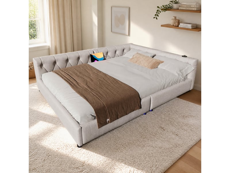  Lit de jour 140x200 cm avec éclairage led 7 couleurs, ports usb et type-c, beige sans matelas  - Conforama B