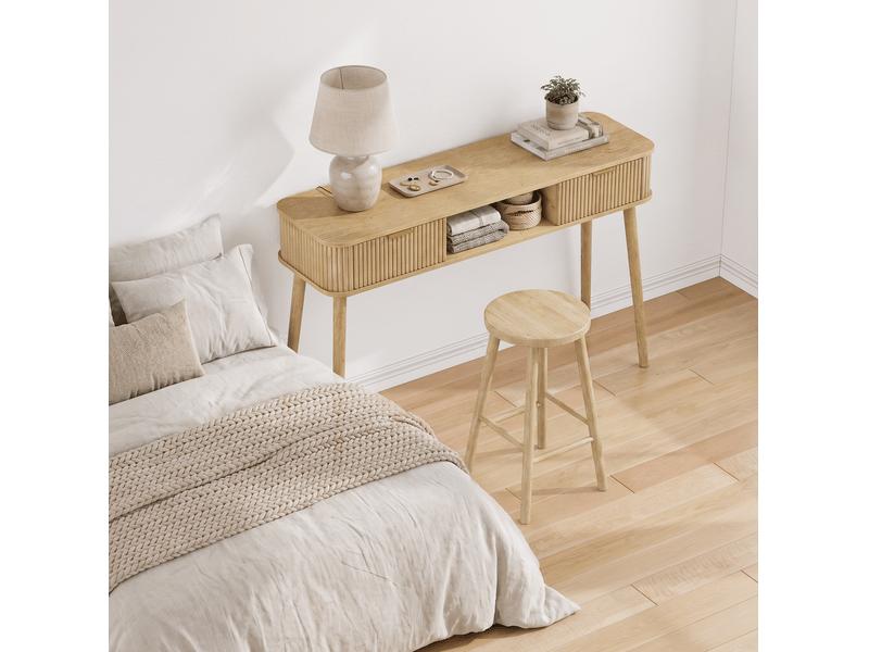  Console vintage 120x35x77,6 cm avec 2 tiroirs et niche ouverte mdf panneau de particules bois clair  - Conforama C