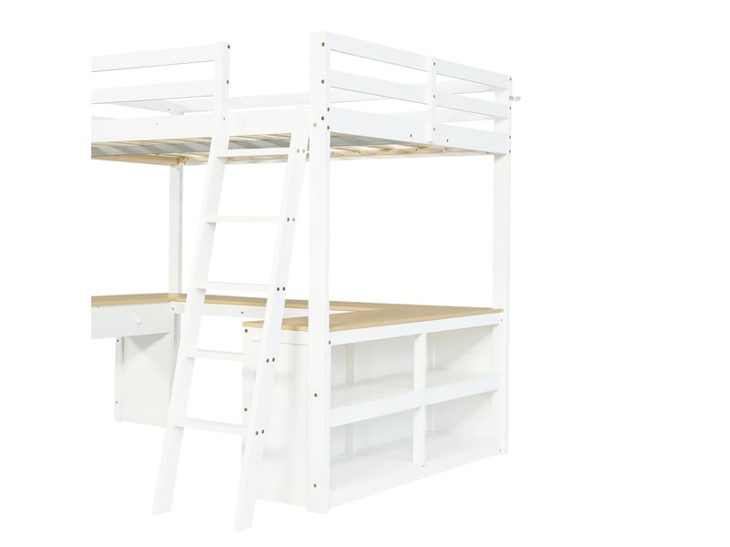 Lit mezzanine enfant 140x200 cm avec bureau en u et 2 tiroirs, bois et mdf, blanc naturel, sans matelas - Conforama D