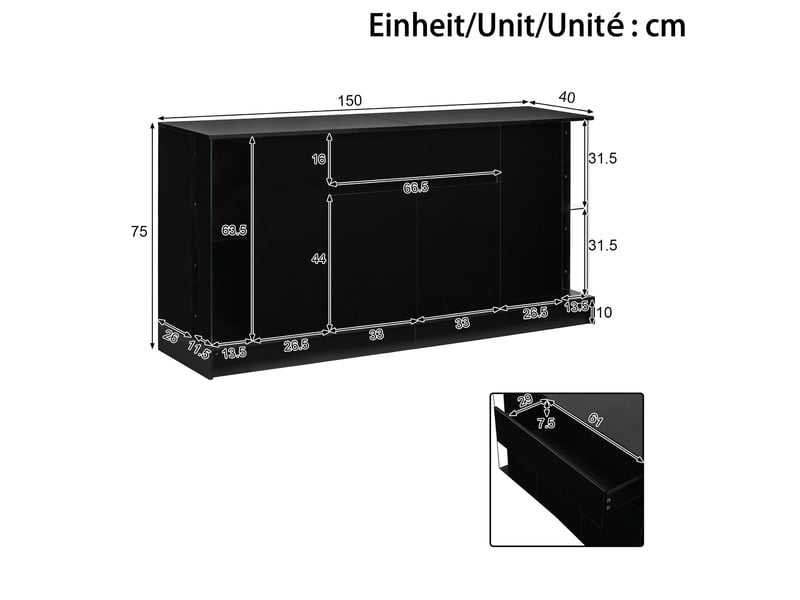 Buffet vitrine 150x40x75cm double porte, tiroir, éclairage led piloté par appli et espace de présentation, façades brillantes, panneaux de particules,noir evarich - Conforama C