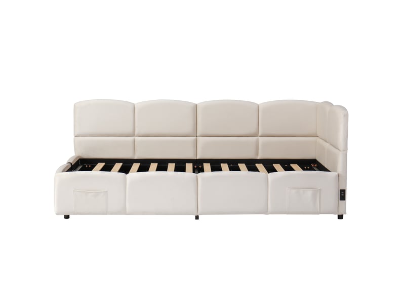  Lit coffre enfant 90x200 cm en velours beige avec usb et poches latérales  - Conforama E