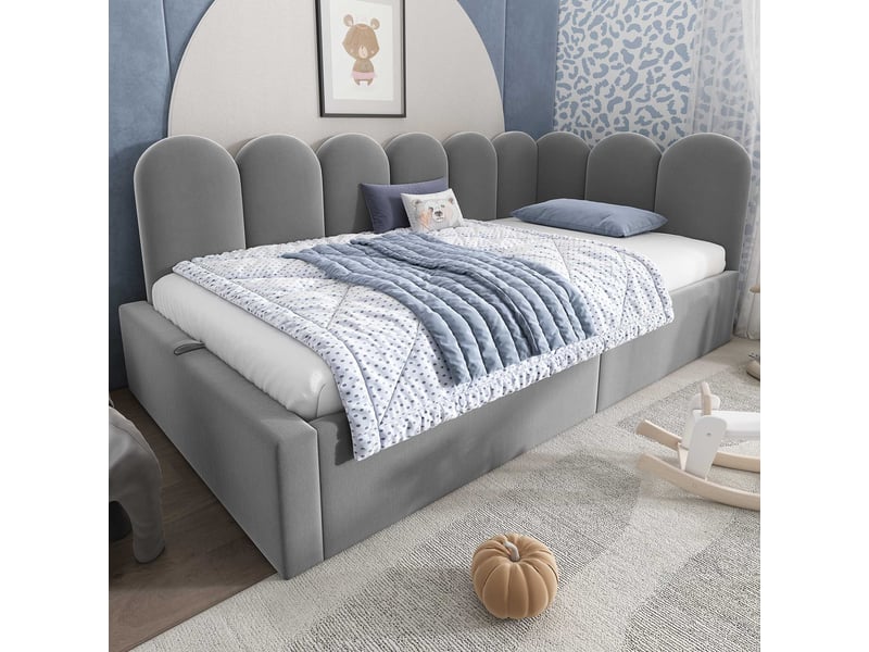  Lit banquette coffre 90x200 cm, rangement hydraulique, sommier relevable, dossier en l, velours gris C-DEGAYUN - Conforama B