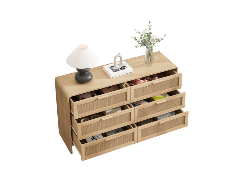 Commode buffet en rotin avec 6 tiroirs - meuble de rangement en bois 130x40x74 cm pour salon chambre cuisine - Conforama W