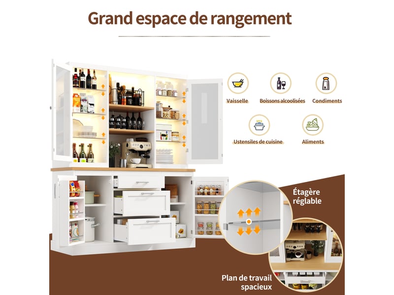 Buffet de cuisine moderne 140x40x185cm, armoire de rangement avec led, 3 tiroirs et 4 portes, plan de travail, mdf blanc  - Conforama D