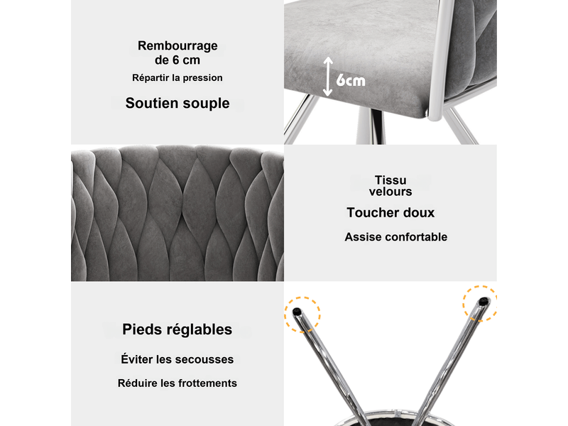  Chaise de salle à manger pivotante 360° en velours gris et métal argenté, lot de 4, dossier enveloppant  - Conforama D