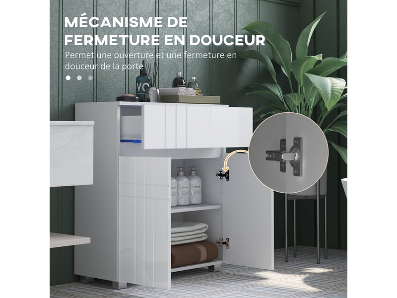  Meuble de rangement pour salle de bain sur pied placard 2 portes 1 tiroir, étagère régable, blanc laqué  - Conforama R