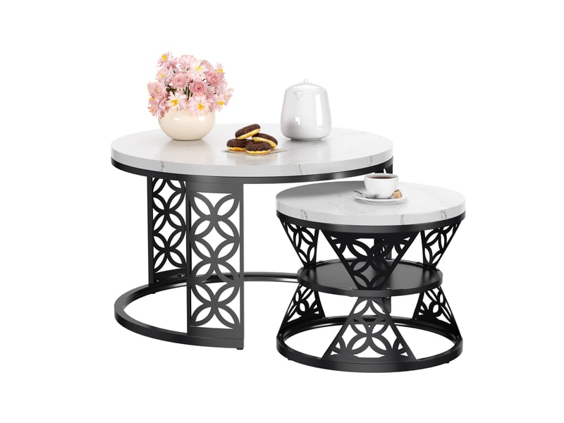  Table basse gigogne ronde 70x70x4545x45x37 cm, coloris blanc et noir  - Conforama A