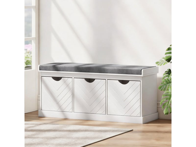 Banc chaussures entrée, banc de rangement avec 3 tiroirs amovibles et coussin rembourré en tissu aspect lin, blanc  - Conforama A