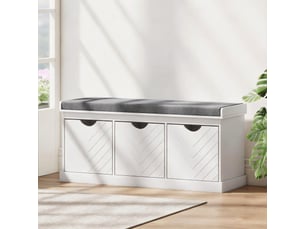 Banc chaussures entrée, banc de rangement avec 3 tiroirs amovibles et coussin rembourré en tissu aspect lin, blanc