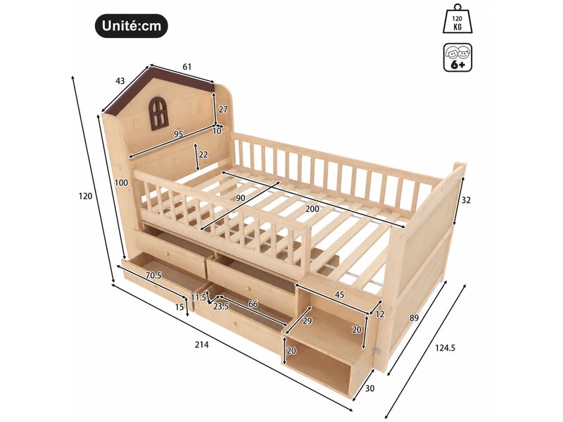  Lit cabane surélevé en bois, lit simple avec 4 tiroirs, étagères et led, 90x200 cm, sans matelas, blanc et naturel  - Conforama D