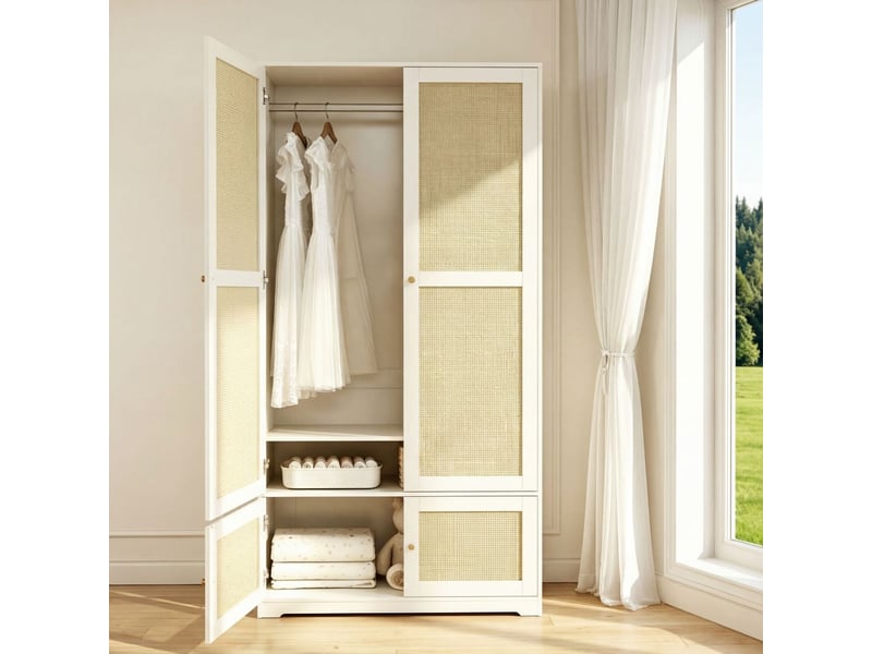  Armoire à vêtements 90 x 48 x 180 cm portes en rotin tressé respirantes tringle et étagères fixes façades laquées anti-rayures côtés en mélaminé résistant finition blanche  - Conforama B